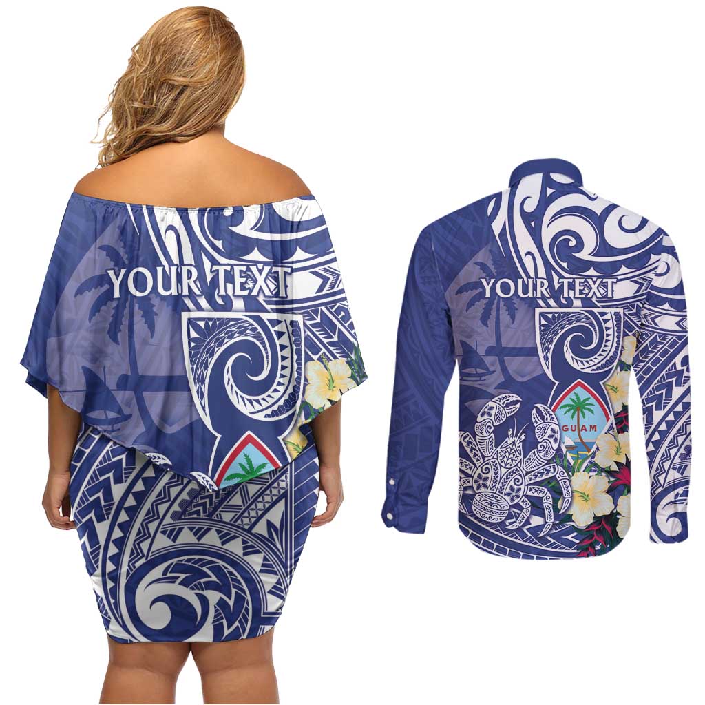 Personalised Hafa Adai Guam Couples Matching Off Shoulder Short Dress and Long Sleeve Button Shirt Latte Stone With Coconut Crab LT05 - Polynesian Pride