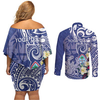 Personalised Hafa Adai Guam Couples Matching Off Shoulder Short Dress and Long Sleeve Button Shirt Latte Stone With Coconut Crab LT05 - Polynesian Pride