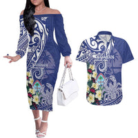 Personalised Hafa Adai Guam Couples Matching Off The Shoulder Long Sleeve Dress and Hawaiian Shirt Latte Stone With Coconut Crab