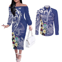 Personalised Hafa Adai Guam Couples Matching Off The Shoulder Long Sleeve Dress and Long Sleeve Button Shirt Latte Stone With Coconut Crab