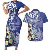 Personalised Hafa Adai Guam Couples Matching Short Sleeve Bodycon Dress and Hawaiian Shirt Latte Stone With Coconut Crab