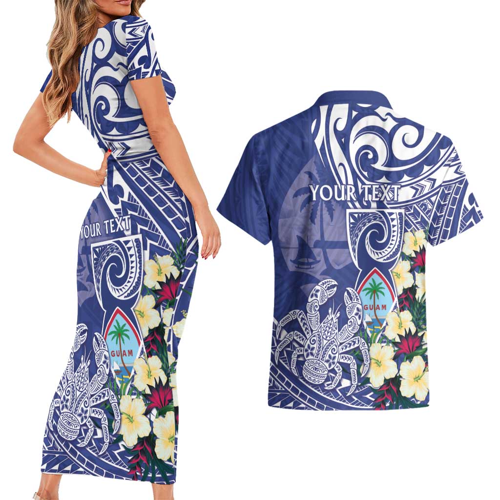 Personalised Hafa Adai Guam Couples Matching Short Sleeve Bodycon Dress and Hawaiian Shirt Latte Stone With Coconut Crab