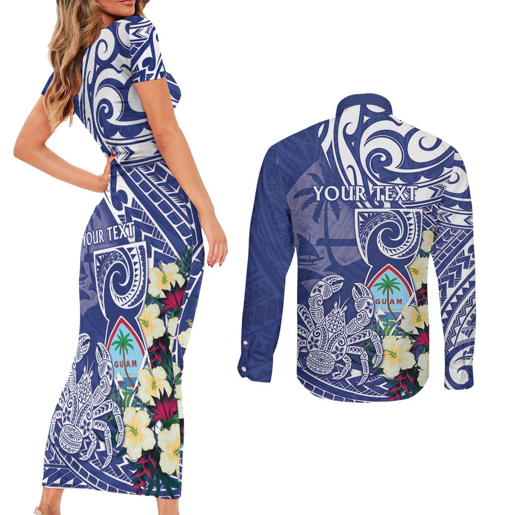 Personalised Hafa Adai Guam Couples Matching Short Sleeve Bodycon Dress and Long Sleeve Button Shirt Latte Stone With Coconut Crab