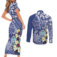 Personalised Hafa Adai Guam Couples Matching Short Sleeve Bodycon Dress and Long Sleeve Button Shirt Latte Stone With Coconut Crab