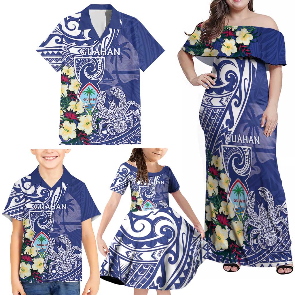 Personalised Hafa Adai Guam Family Matching Off Shoulder Maxi Dress and Hawaiian Shirt Latte Stone With Coconut Crab