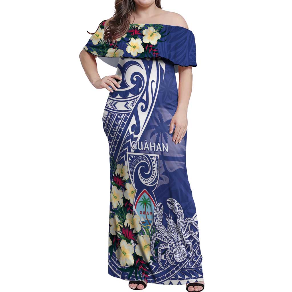 Personalised Hafa Adai Guam Off Shoulder Maxi Dress Latte Stone With Coconut Crab LT05 Women Blue - Polynesian Pride
