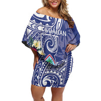 Personalised Hafa Adai Guam Off Shoulder Short Dress Latte Stone With Coconut Crab LT05 Women Blue - Polynesian Pride