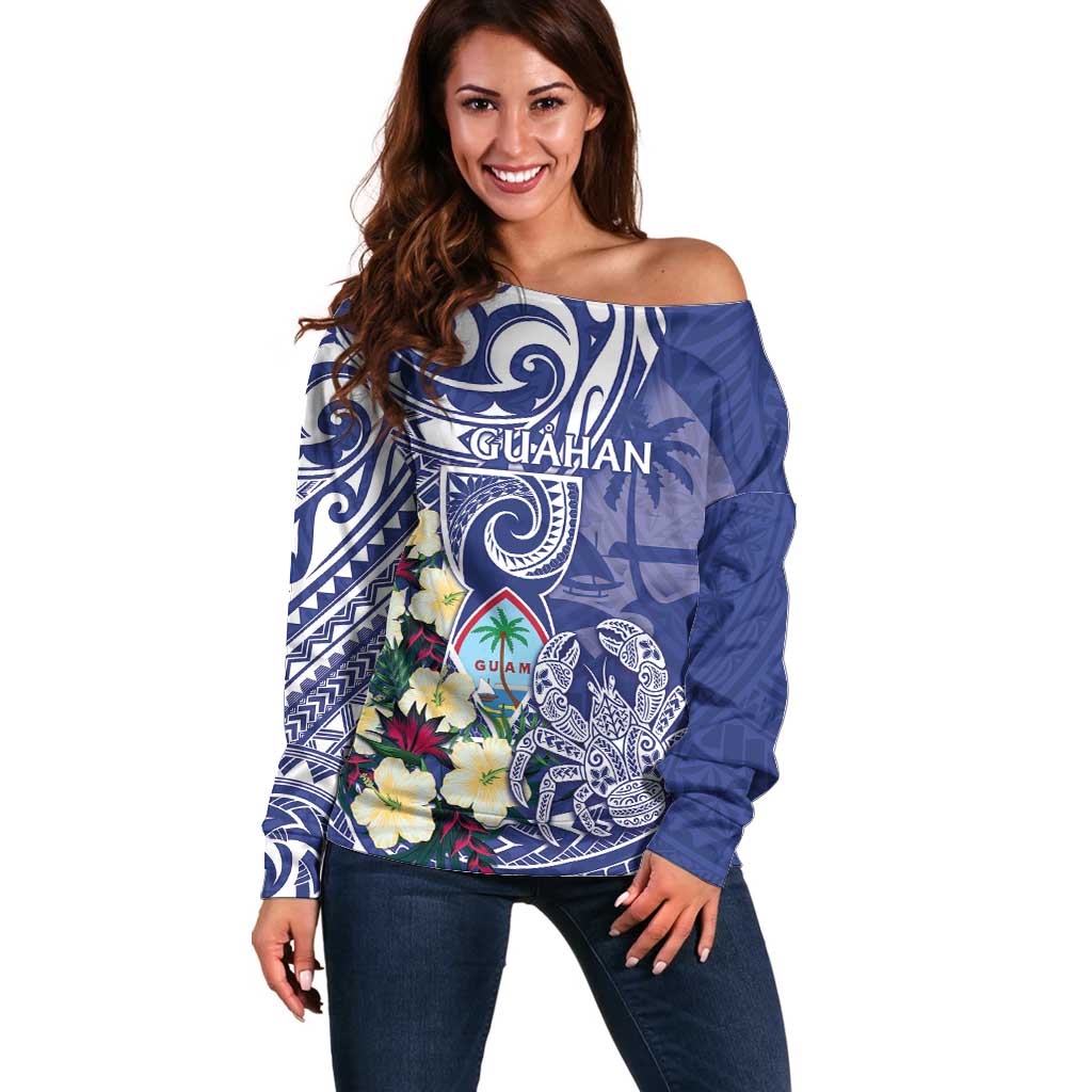 Personalised Hafa Adai Guam Off Shoulder Sweater Latte Stone With Coconut Crab