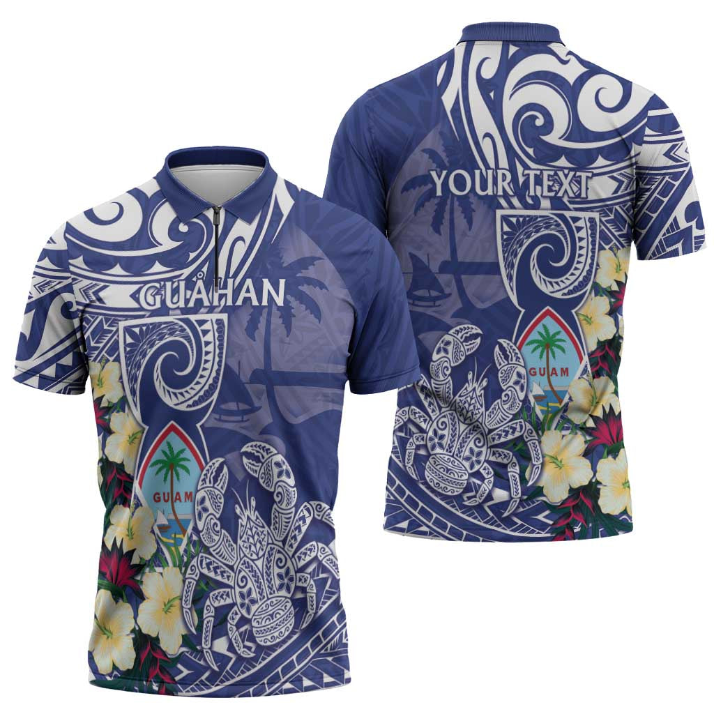 Personalised Hafa Adai Guam Zipper Polo Shirt Latte Stone With Coconut Crab