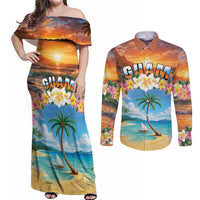 Guam Couples Matching Off Shoulder Maxi Dress and Long Sleeve Button Shirt Eternal Summer Sunset Beach