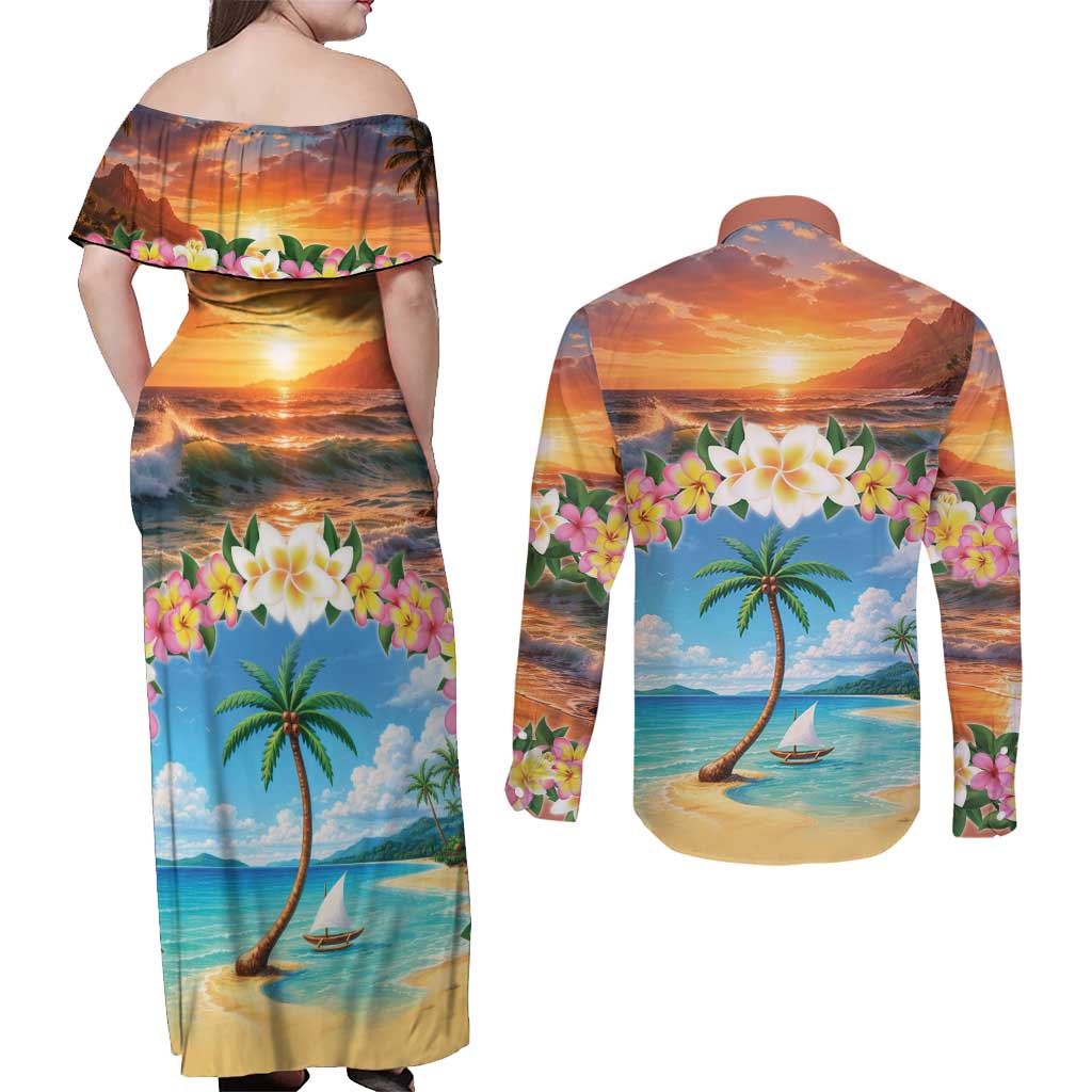 Guam Couples Matching Off Shoulder Maxi Dress and Long Sleeve Button Shirt Eternal Summer Sunset Beach