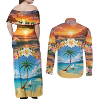 Guam Couples Matching Off Shoulder Maxi Dress and Long Sleeve Button Shirt Eternal Summer Sunset Beach