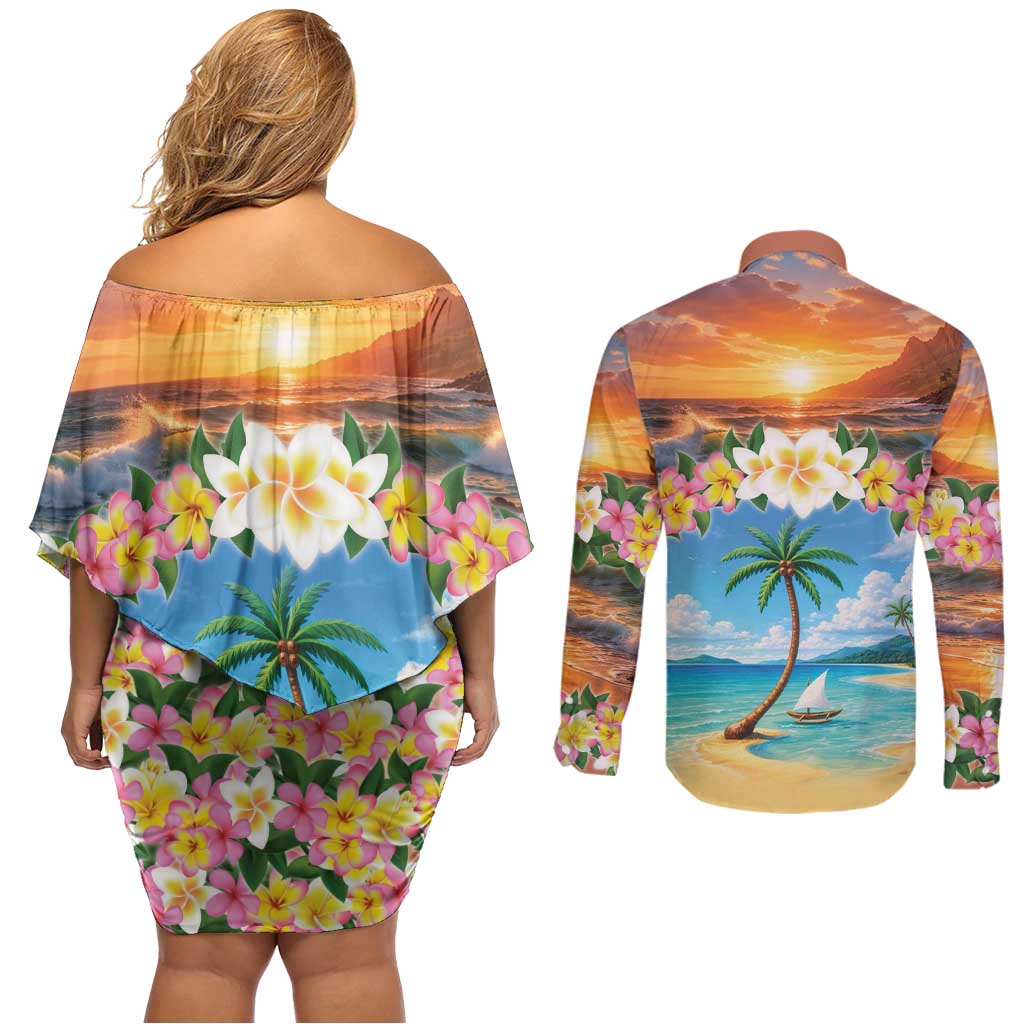 Guam Couples Matching Off Shoulder Short Dress and Long Sleeve Button Shirt Eternal Summer Sunset Beach