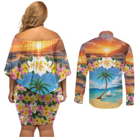 Guam Couples Matching Off Shoulder Short Dress and Long Sleeve Button Shirt Eternal Summer Sunset Beach
