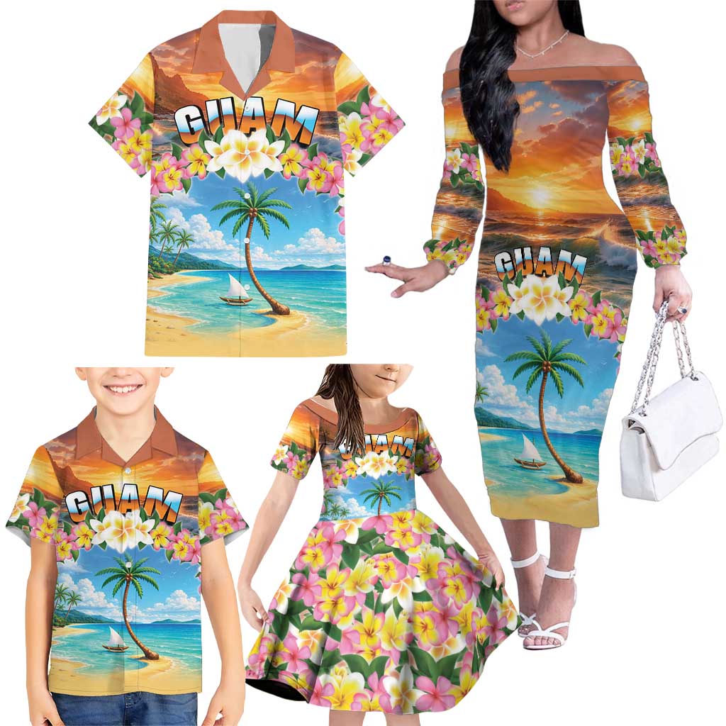 Guam Family Matching Off The Shoulder Long Sleeve Dress and Hawaiian Shirt Eternal Summer Sunset Beach