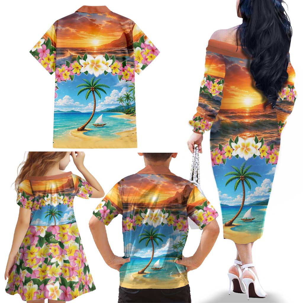 Guam Family Matching Off The Shoulder Long Sleeve Dress and Hawaiian Shirt Eternal Summer Sunset Beach
