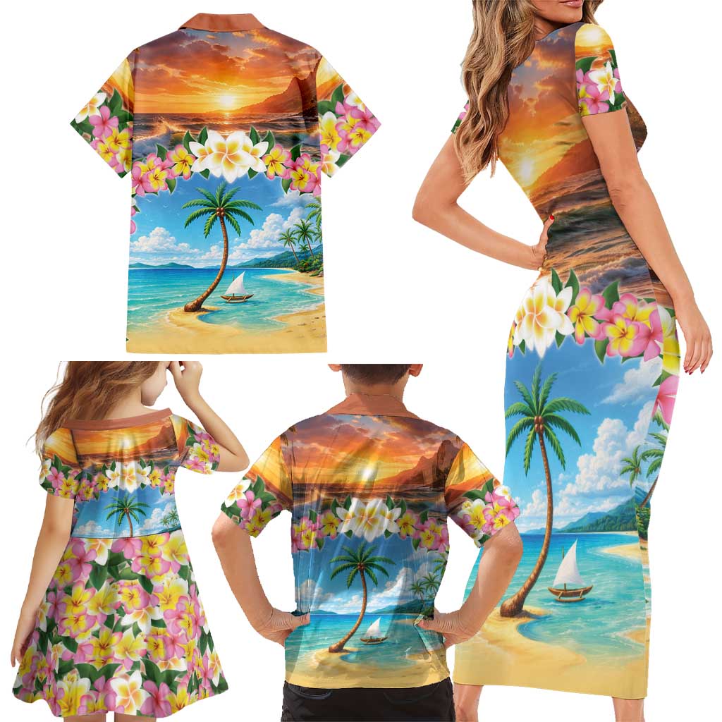Guam Family Matching Short Sleeve Bodycon Dress and Hawaiian Shirt Eternal Summer Sunset Beach