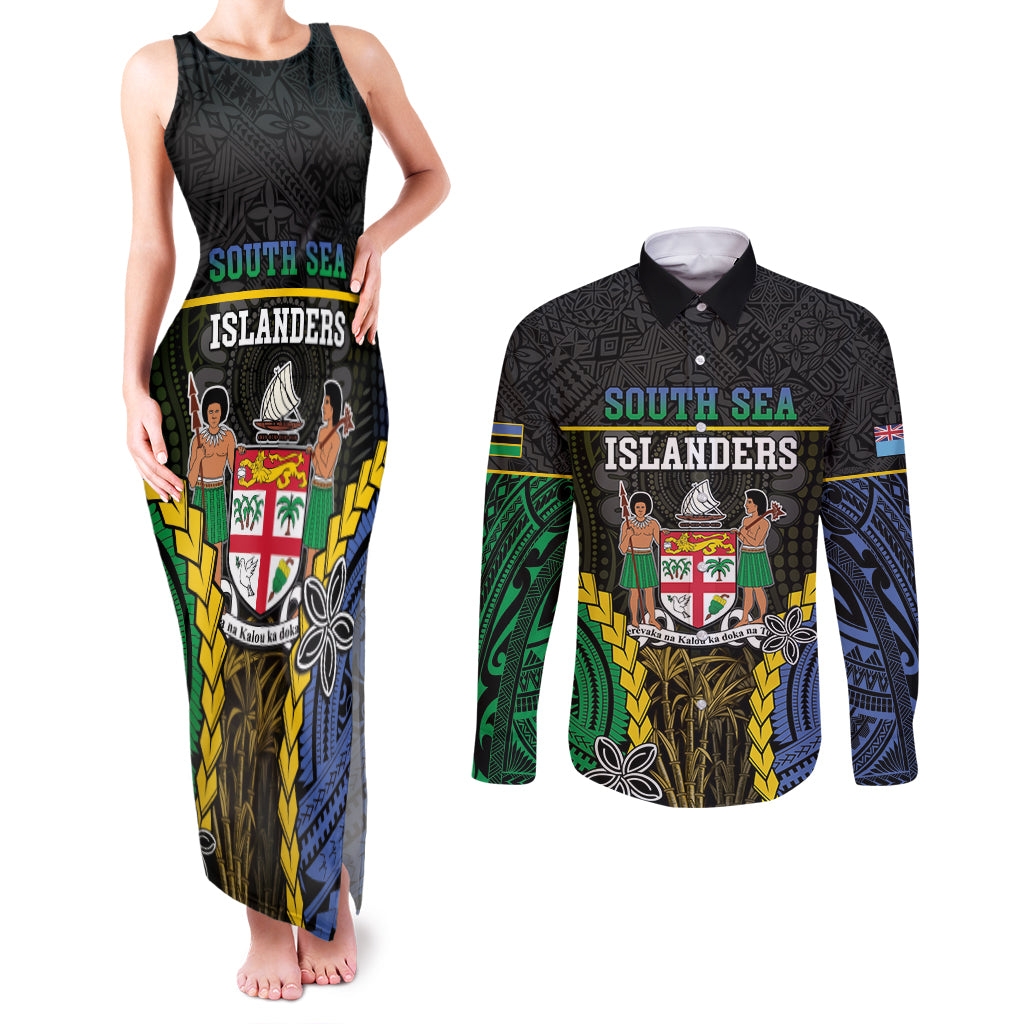 Personalised South Sea Islanders And Fiji Couples Matching Tank Maxi Dress and Long Sleeve Button Shirt Kanakas Fijian Tapa Pattern