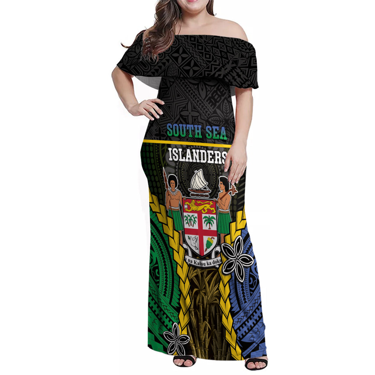 Personalised South Sea Islanders And Fiji Family Matching Off Shoulder Maxi Dress and Hawaiian Shirt Kanakas Fijian Tapa Pattern