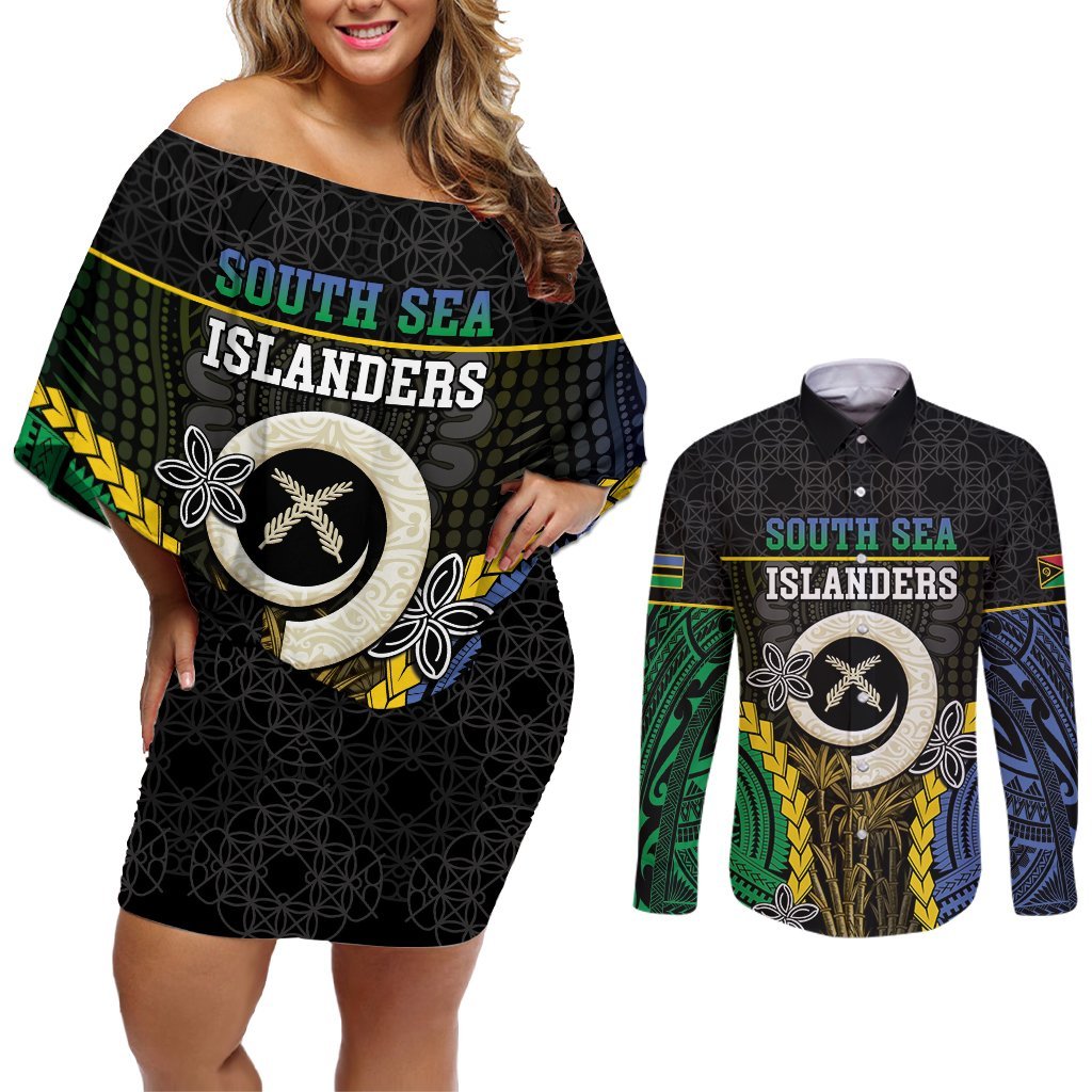 Personalised South Sea Islanders And Vanuatu Couples Matching Off Shoulder Short Dress and Long Sleeve Button Shirt Kanakas Sand Drawing Pattern LT05 Black - Polynesian Pride