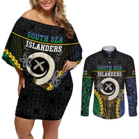 Personalised South Sea Islanders And Vanuatu Couples Matching Off Shoulder Short Dress and Long Sleeve Button Shirt Kanakas Sand Drawing Pattern LT05 Black - Polynesian Pride