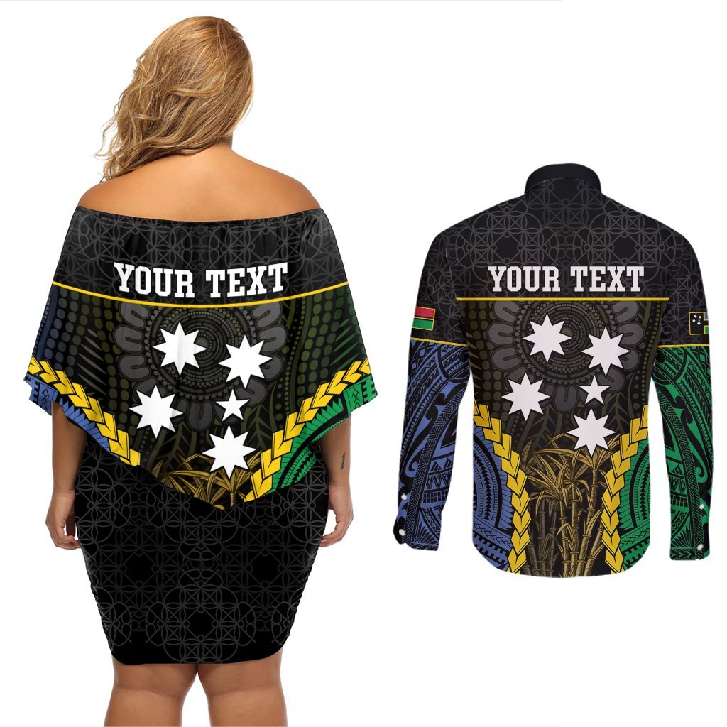 Personalised South Sea Islanders And Vanuatu Couples Matching Off Shoulder Short Dress and Long Sleeve Button Shirt Kanakas Sand Drawing Pattern LT05 - Polynesian Pride