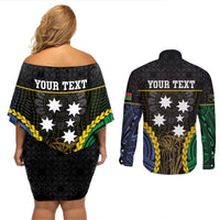 Personalised South Sea Islanders And Vanuatu Couples Matching Off Shoulder Short Dress and Long Sleeve Button Shirt Kanakas Sand Drawing Pattern LT05 - Polynesian Pride