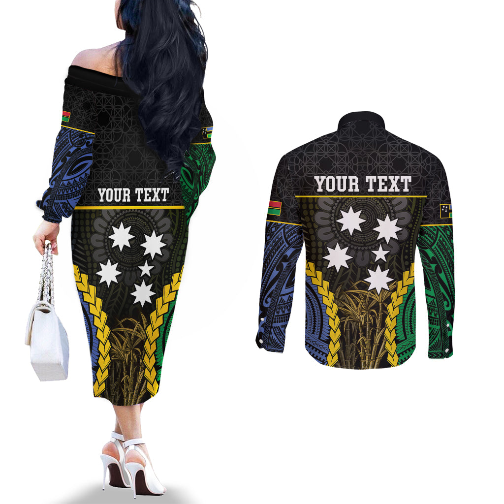 Personalised South Sea Islanders And Vanuatu Couples Matching Off The Shoulder Long Sleeve Dress and Long Sleeve Button Shirt Kanakas Sand Drawing Pattern