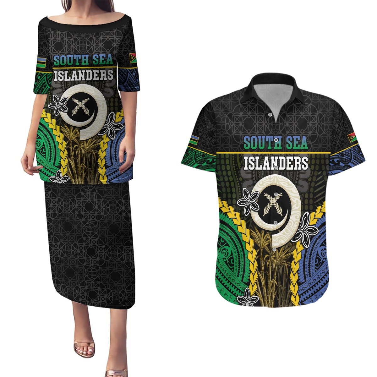 Personalised South Sea Islanders And Vanuatu Couples Matching Puletasi and Hawaiian Shirt Kanakas Sand Drawing Pattern LT05 Black - Polynesian Pride