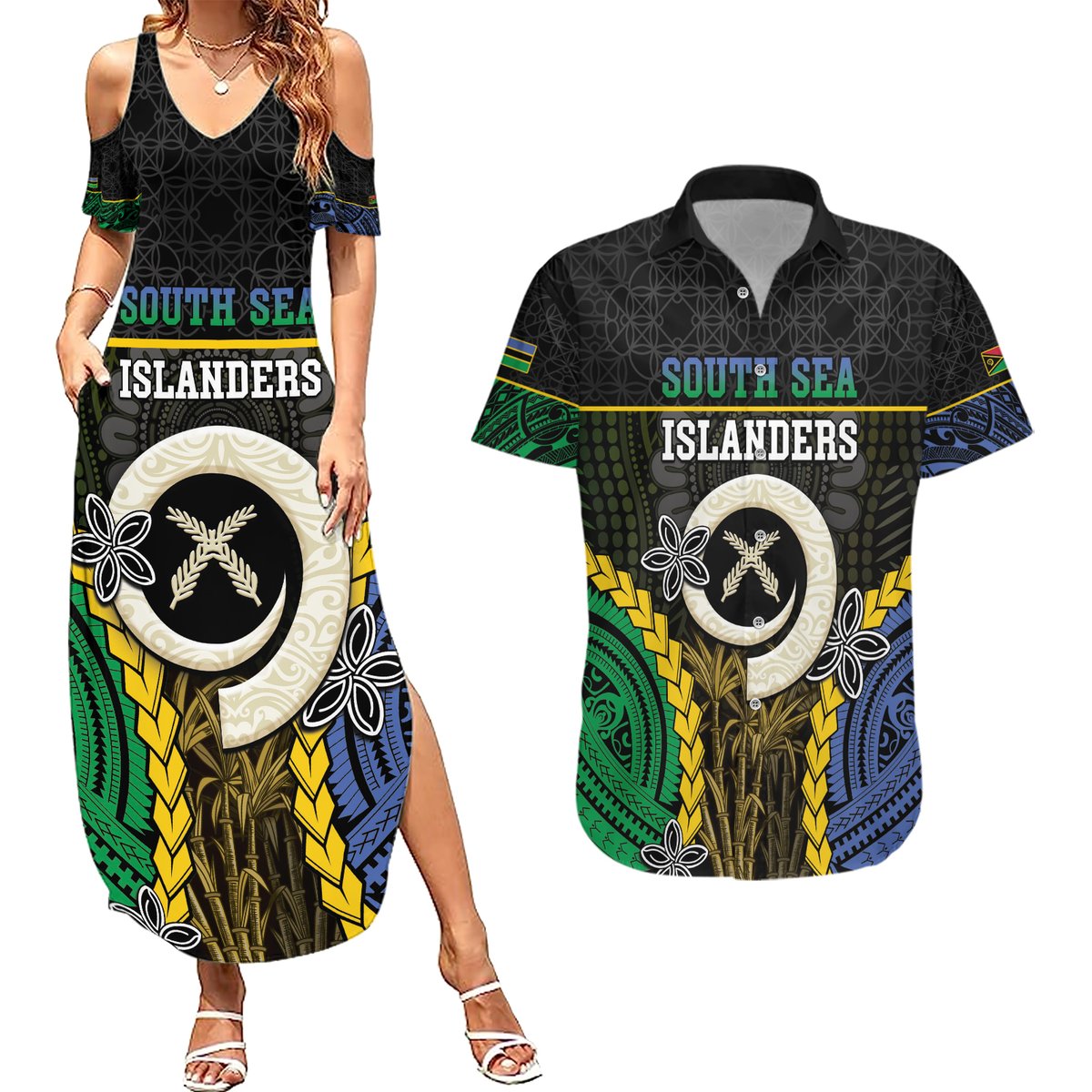 Personalised South Sea Islanders And Vanuatu Couples Matching Summer Maxi Dress and Hawaiian Shirt Kanakas Sand Drawing Pattern
