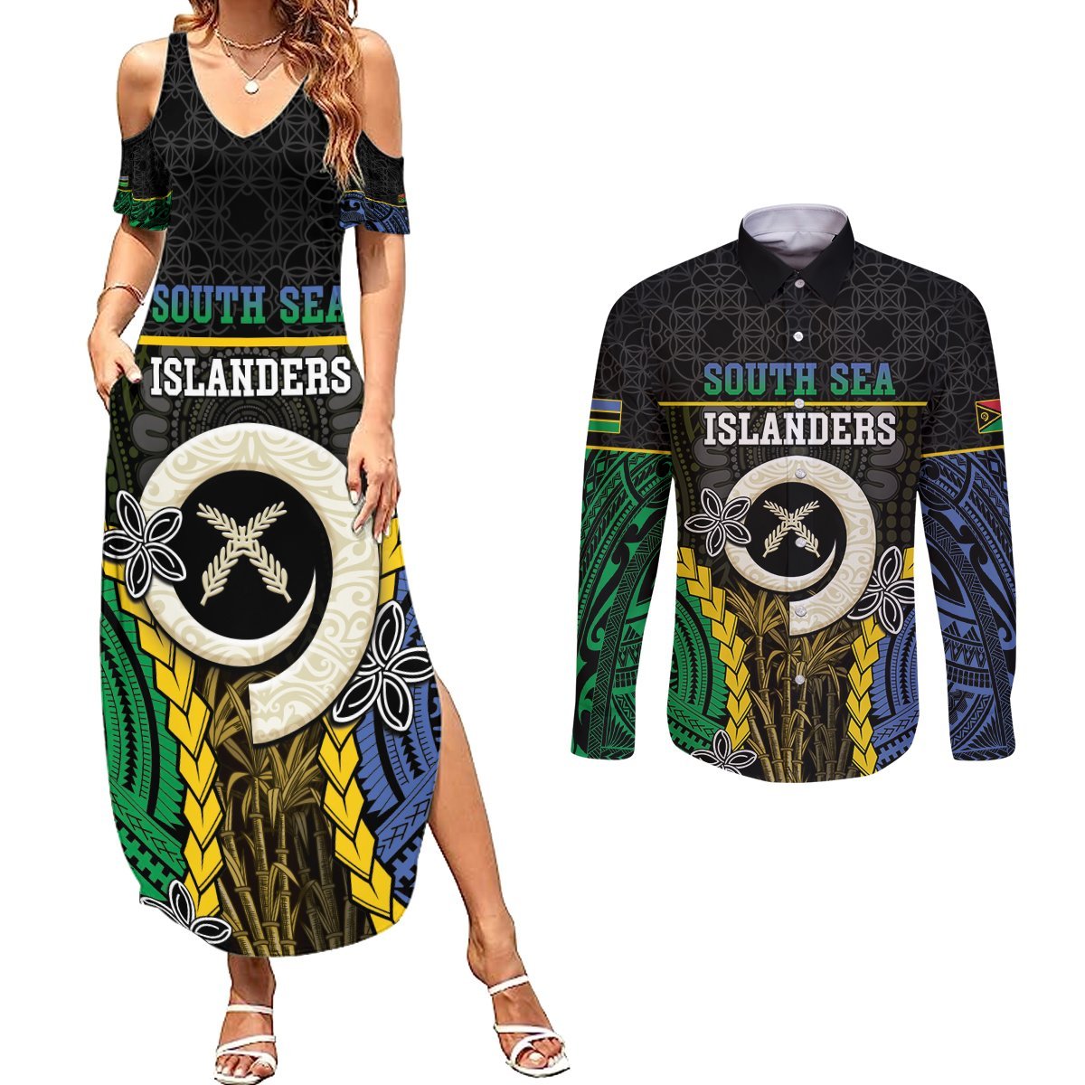 Personalised South Sea Islanders And Vanuatu Couples Matching Summer Maxi Dress and Long Sleeve Button Shirt Kanakas Sand Drawing Pattern LT05 Black - Polynesian Pride