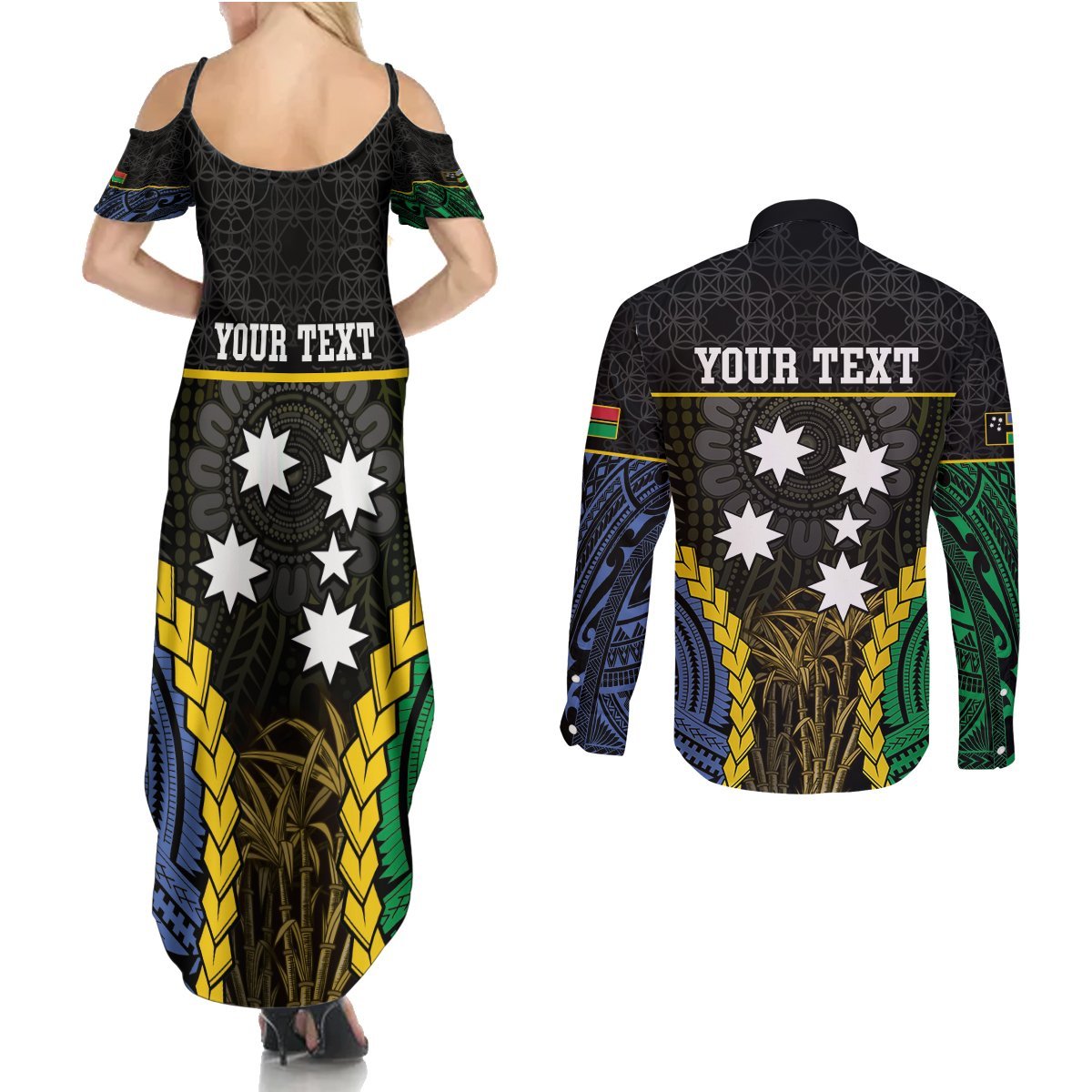 Personalised South Sea Islanders And Vanuatu Couples Matching Summer Maxi Dress and Long Sleeve Button Shirt Kanakas Sand Drawing Pattern LT05 - Polynesian Pride