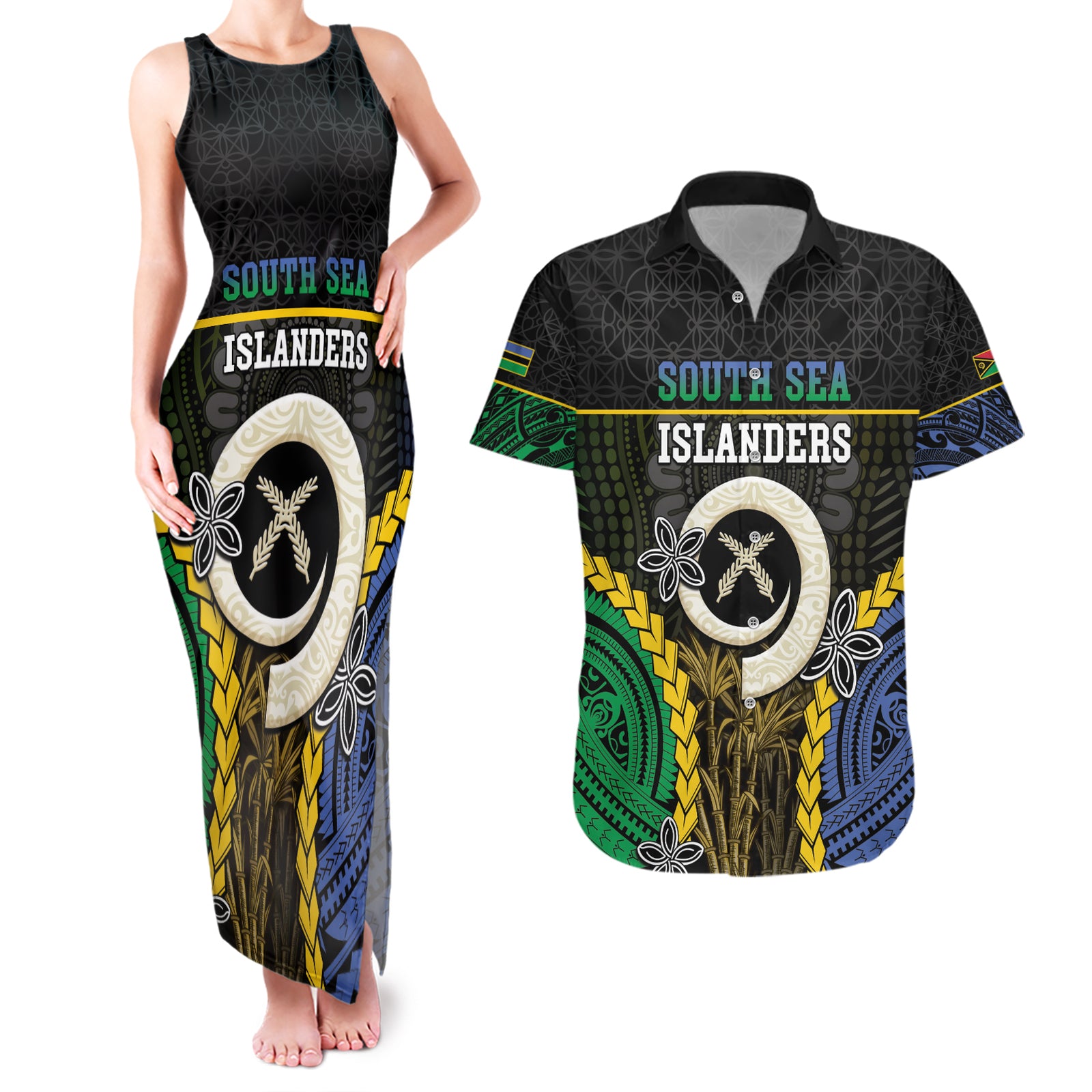 Personalised South Sea Islanders And Vanuatu Couples Matching Tank Maxi Dress and Hawaiian Shirt Kanakas Sand Drawing Pattern