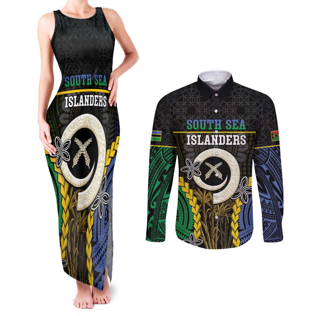 Personalised South Sea Islanders And Vanuatu Couples Matching Tank Maxi Dress and Long Sleeve Button Shirt Kanakas Sand Drawing Pattern