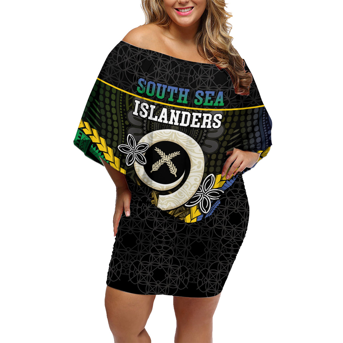 Personalised South Sea Islanders And Vanuatu Family Matching Off Shoulder Short Dress and Hawaiian Shirt Kanakas Sand Drawing Pattern