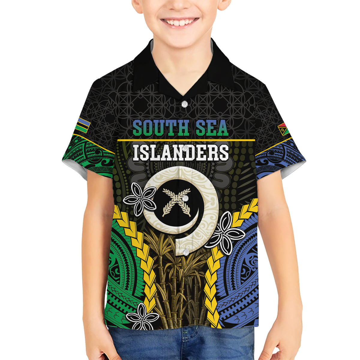 Personalised South Sea Islanders And Vanuatu Kid Hawaiian Shirt Kanakas Sand Drawing Pattern LT05 Kid Black - Polynesian Pride