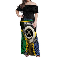 Personalised South Sea Islanders And Vanuatu Off Shoulder Maxi Dress Kanakas Sand Drawing Pattern LT05 Women Black - Polynesian Pride