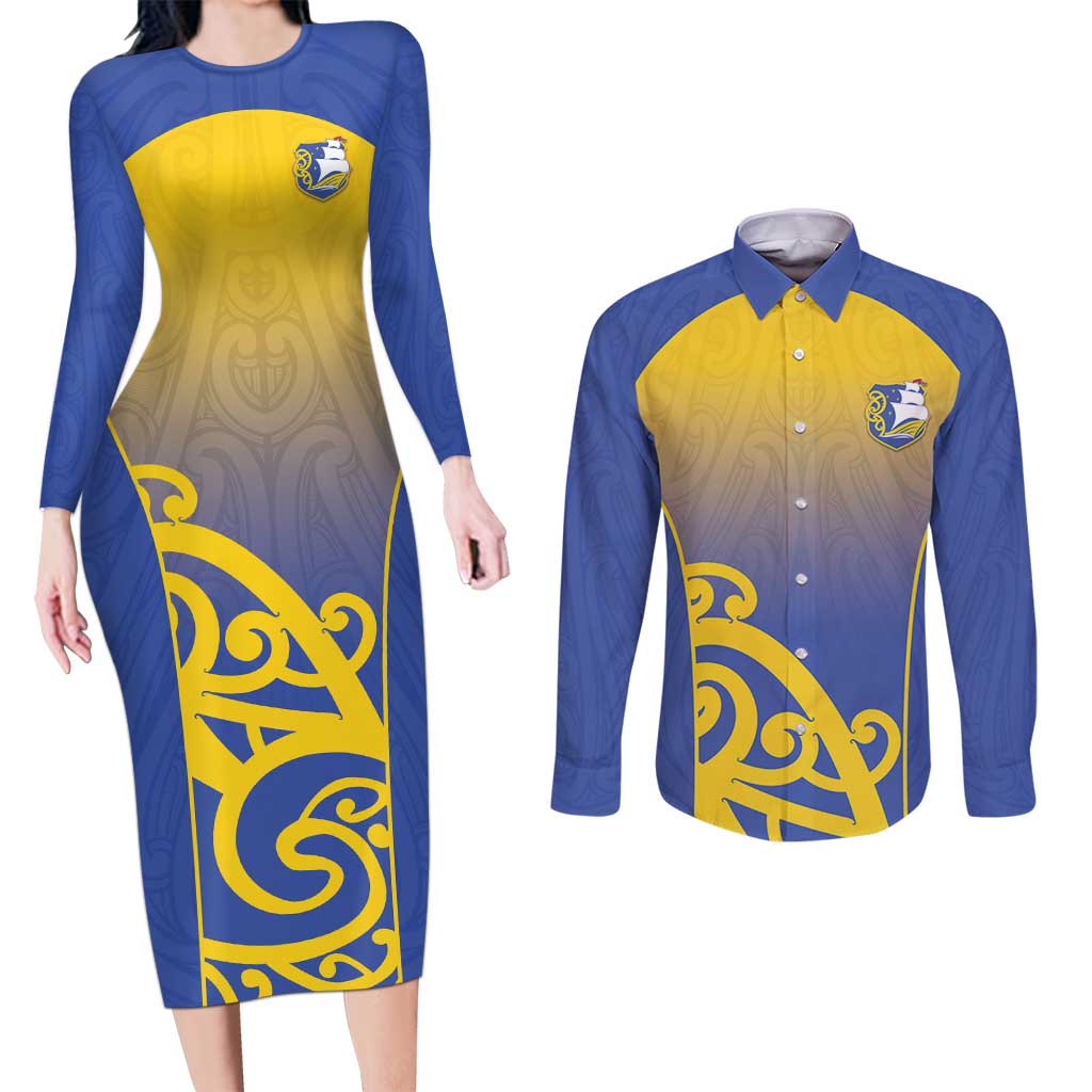 Custom James Cook High School Couples Matching Long Sleeve Bodycon Dress and Long Sleeve Button Shirt Maori Koru Pattern