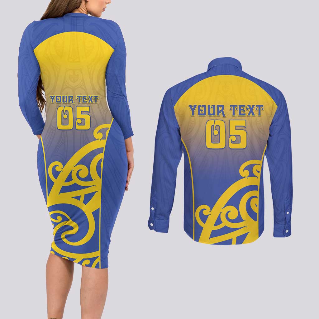 Custom James Cook High School Couples Matching Long Sleeve Bodycon Dress and Long Sleeve Button Shirt Maori Koru Pattern
