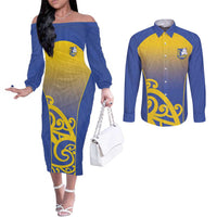 Custom James Cook High School Couples Matching Off The Shoulder Long Sleeve Dress and Long Sleeve Button Shirt Maori Koru Pattern