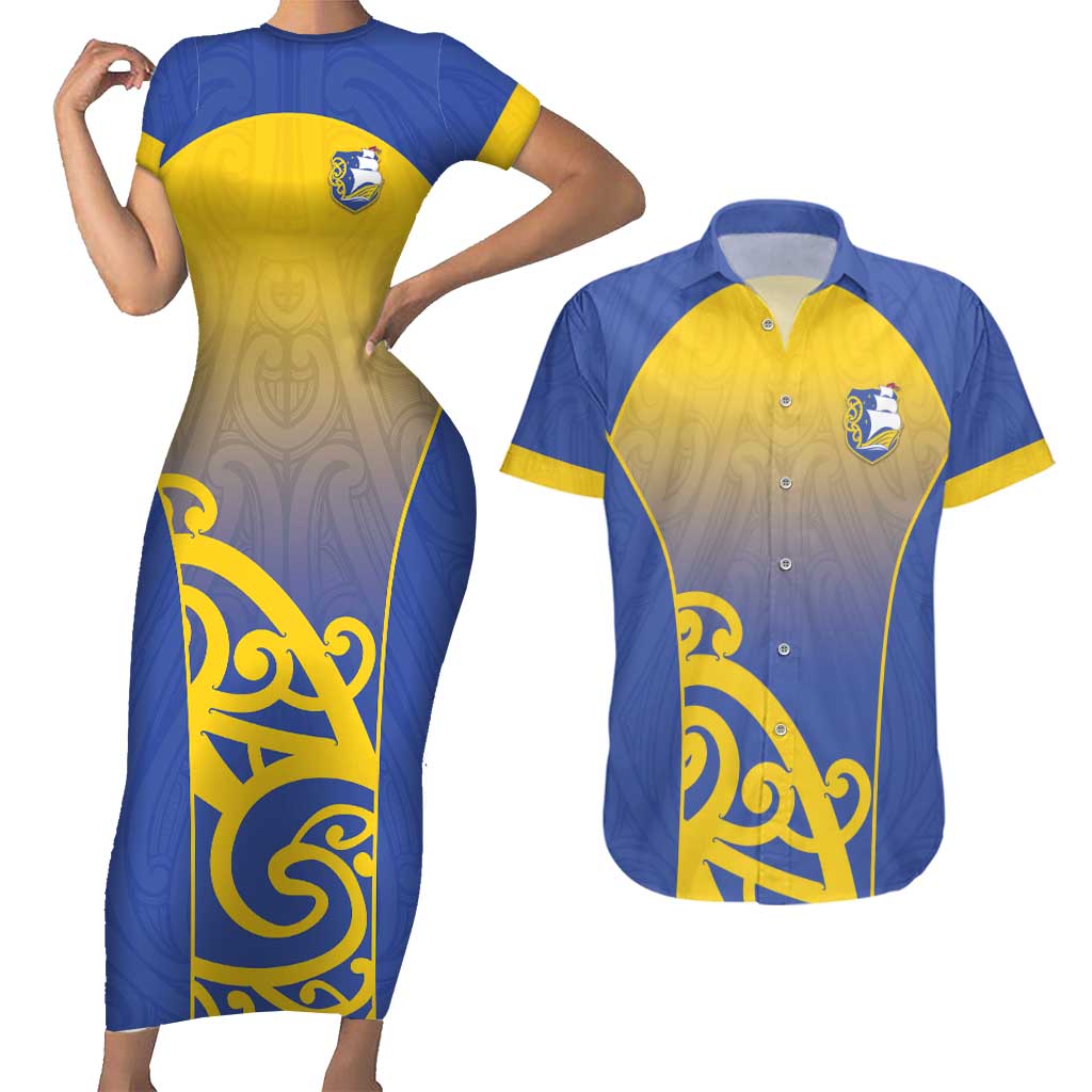 Custom James Cook High School Couples Matching Short Sleeve Bodycon Dress and Hawaiian Shirt Maori Koru Pattern