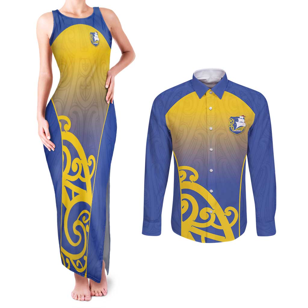 Custom James Cook High School Couples Matching Tank Maxi Dress and Long Sleeve Button Shirt Maori Koru Pattern