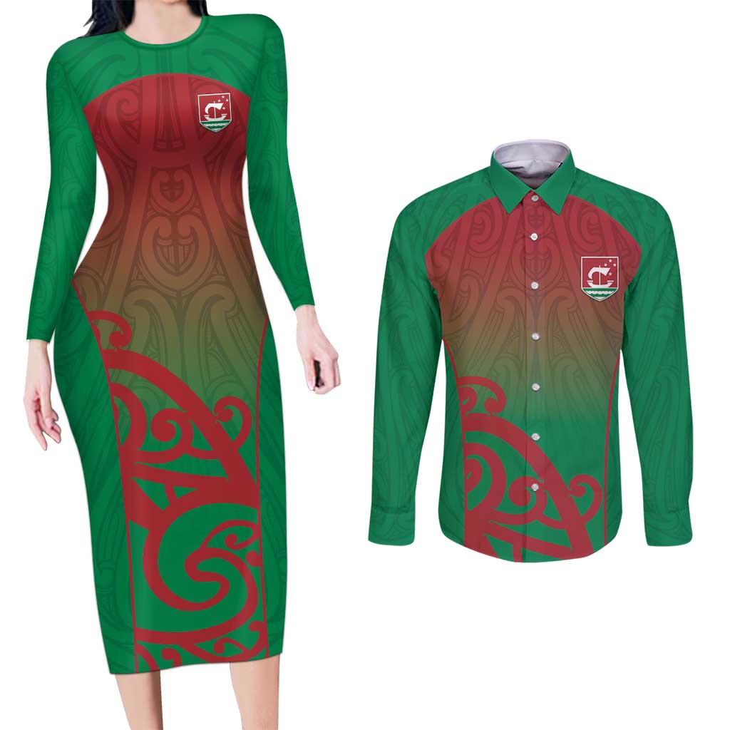 Custom Onehunga High School Couples Matching Long Sleeve Bodycon Dress and Long Sleeve Button Shirt Maori Koru Pattern