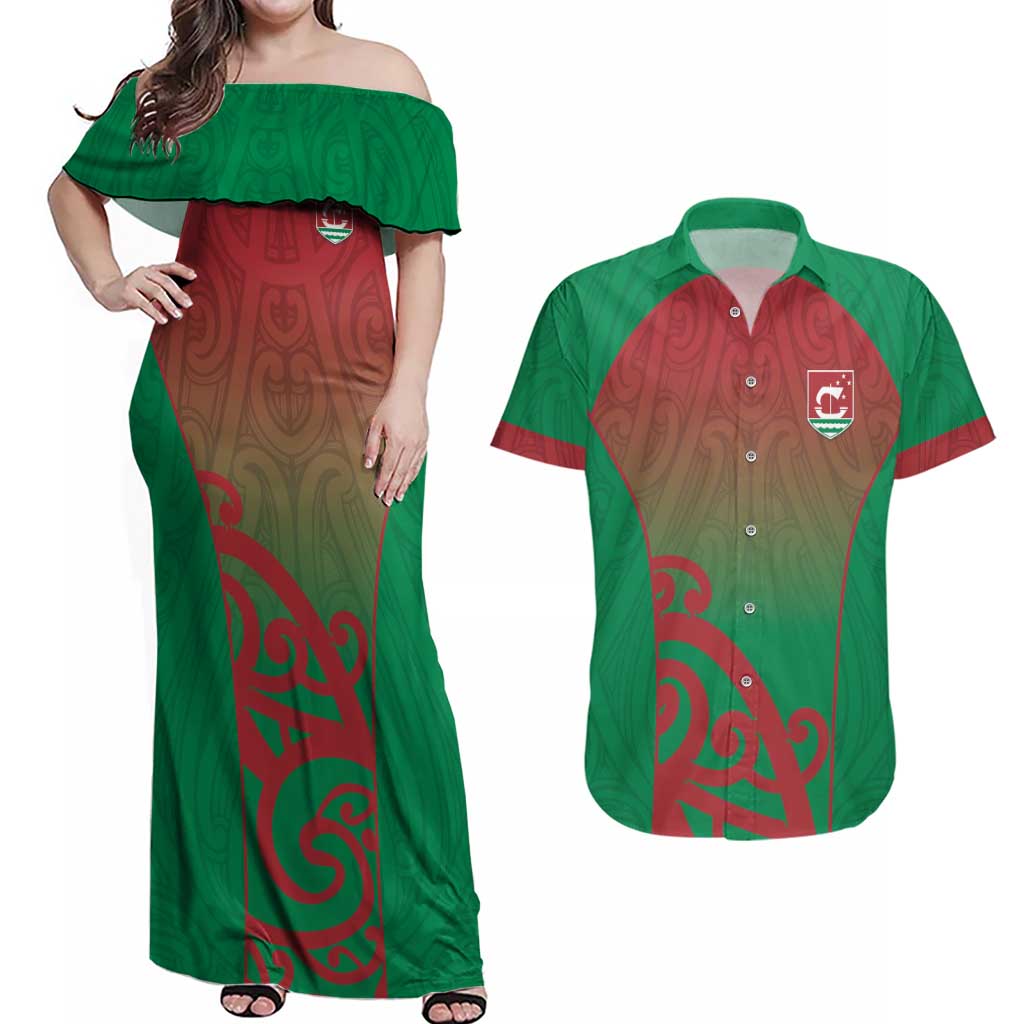 Custom Onehunga High School Couples Matching Off Shoulder Maxi Dress and Hawaiian Shirt Maori Koru Pattern