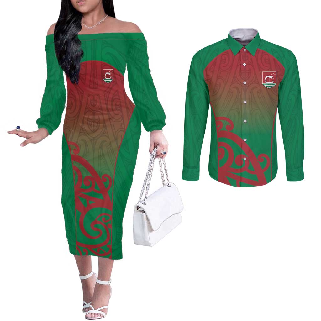 Custom Onehunga High School Couples Matching Off The Shoulder Long Sleeve Dress and Long Sleeve Button Shirt Maori Koru Pattern