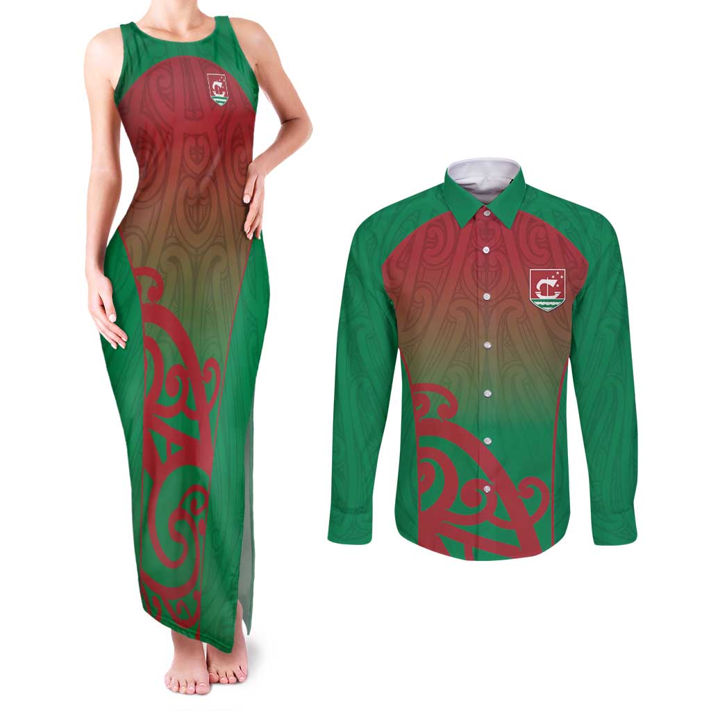Custom Onehunga High School Couples Matching Tank Maxi Dress and Long Sleeve Button Shirt Maori Koru Pattern