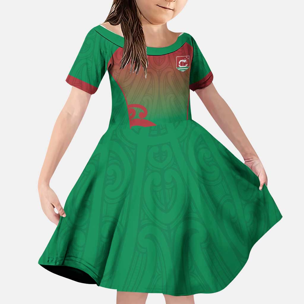 Custom Onehunga High School Family Matching Off Shoulder Short Dress and Hawaiian Shirt Maori Koru Pattern LT05 Daughter's Dress Green - Polynesian Pride
