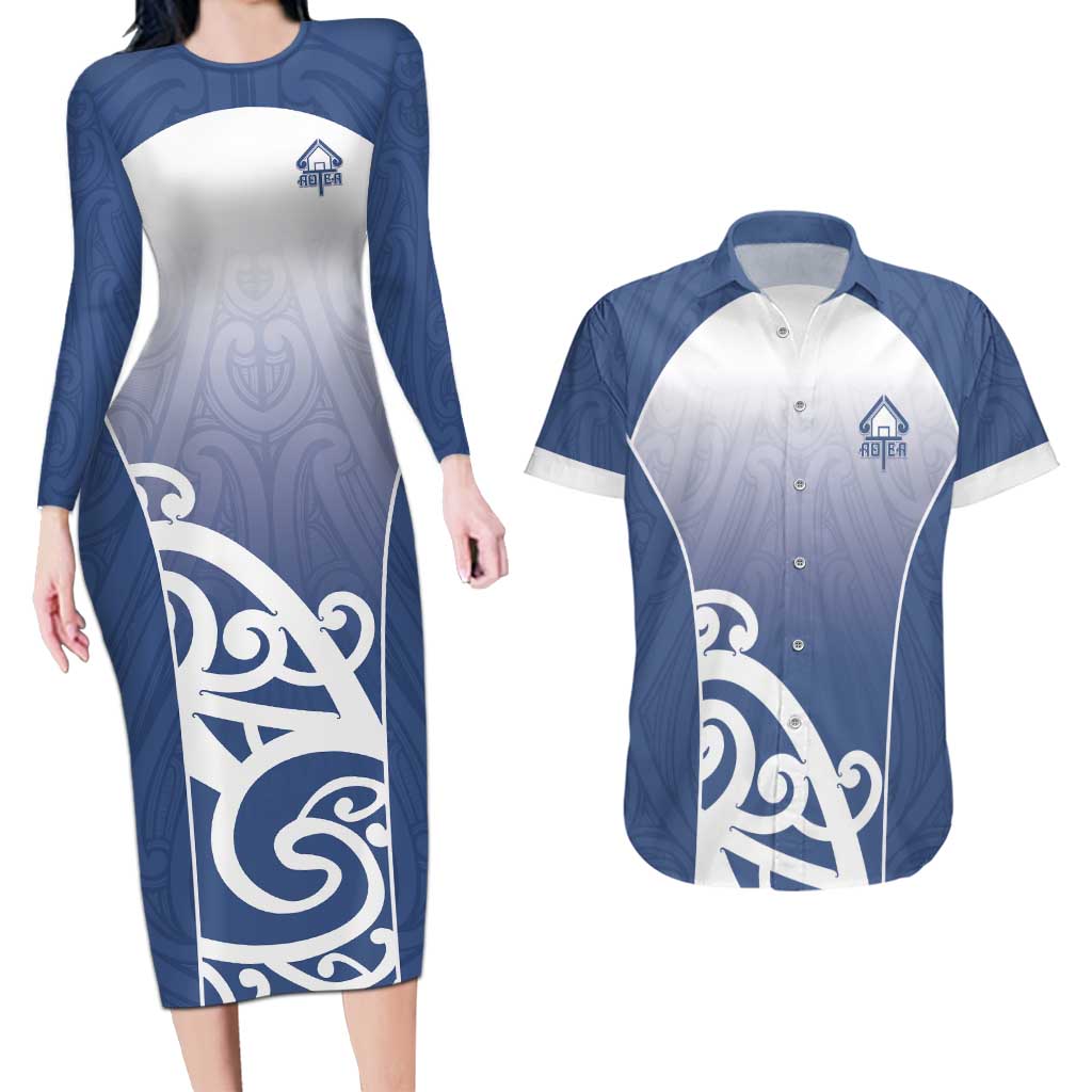 Custom New Zealand Aotea College Couples Matching Long Sleeve Bodycon Dress and Hawaiian Shirt Maori Koru Pattern