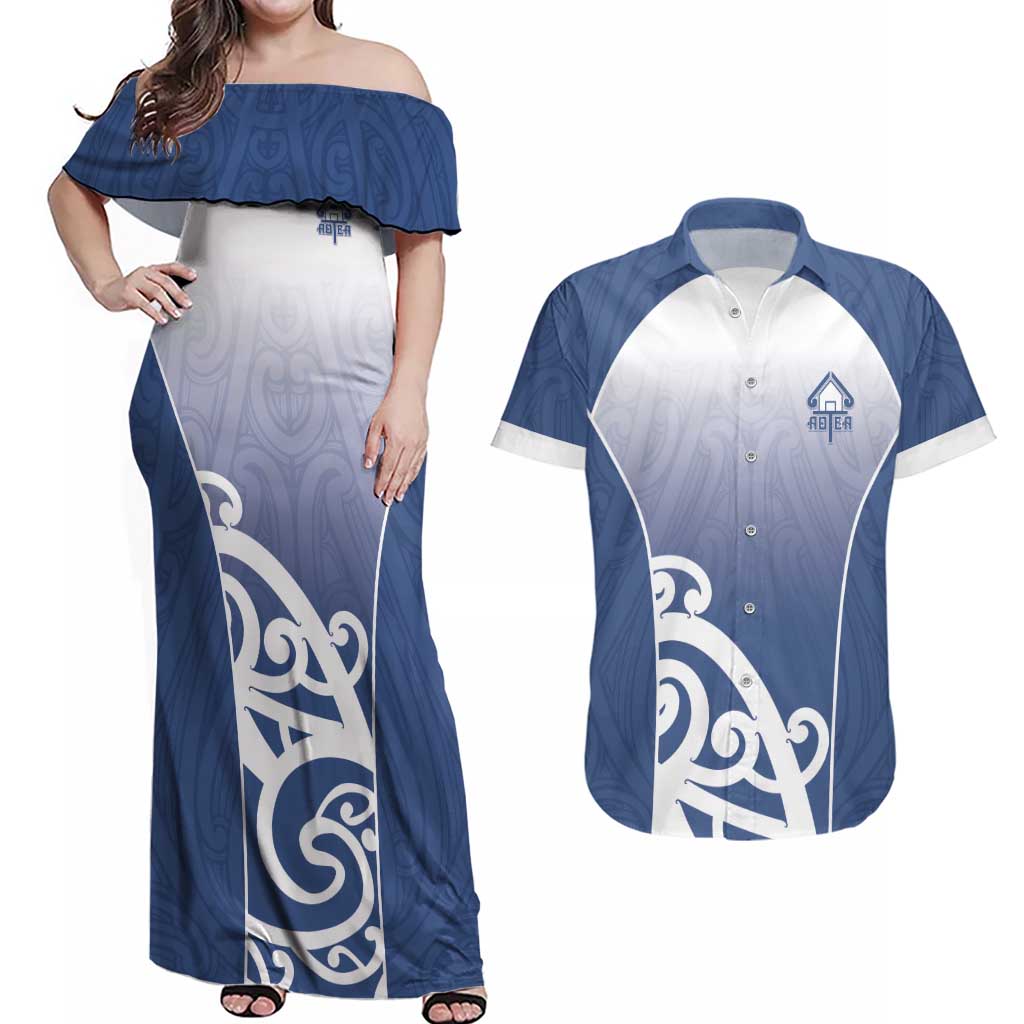 Custom New Zealand Aotea College Couples Matching Off Shoulder Maxi Dress and Hawaiian Shirt Maori Koru Pattern