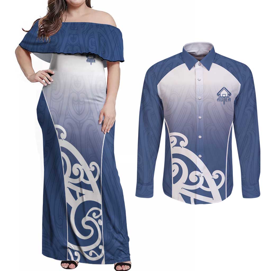 Custom New Zealand Aotea College Couples Matching Off Shoulder Maxi Dress and Long Sleeve Button Shirt Maori Koru Pattern